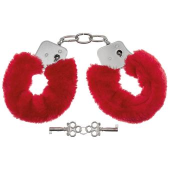 Handschellen, 2 Schlüssel, chrom, Fellüberzug in rot 